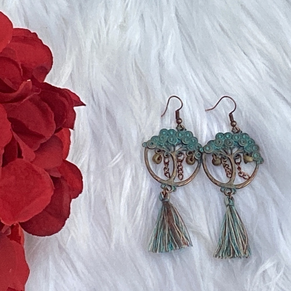 BOGO New Turquoise Blue & Copper Southwestern Boho Tree Of Life Tassel Earrings - Picture 7 of 7